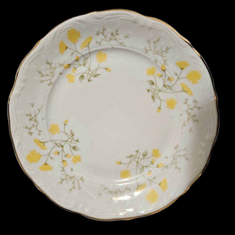 Vintage Walbrzych Poland Yellow Floral Gold Rim Porcelain Dessert Plates Set 4